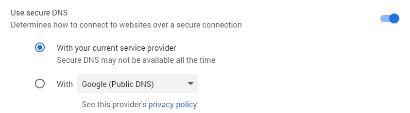 Google Chrome Use Secure DNS Setting