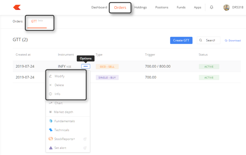 Zerodha Manage GTT Order in Kite Web